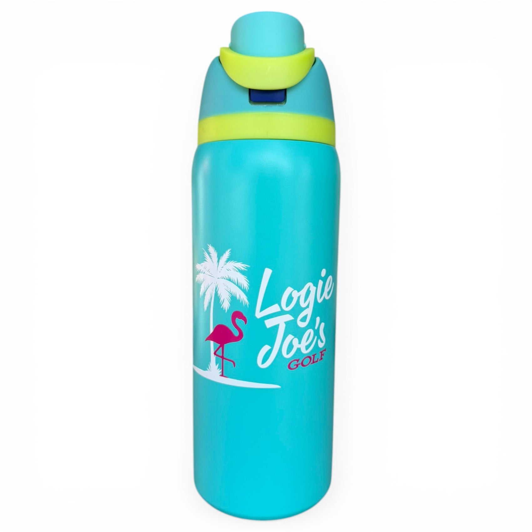 The Logie Joe’s Classic 32oz Insulated Stainless Steel Hydration Bottle features a turquoise design, light green flip straw lid with handle, white palm tree, pink flamingo, and “Logie Joe’s Golf” text on the front.