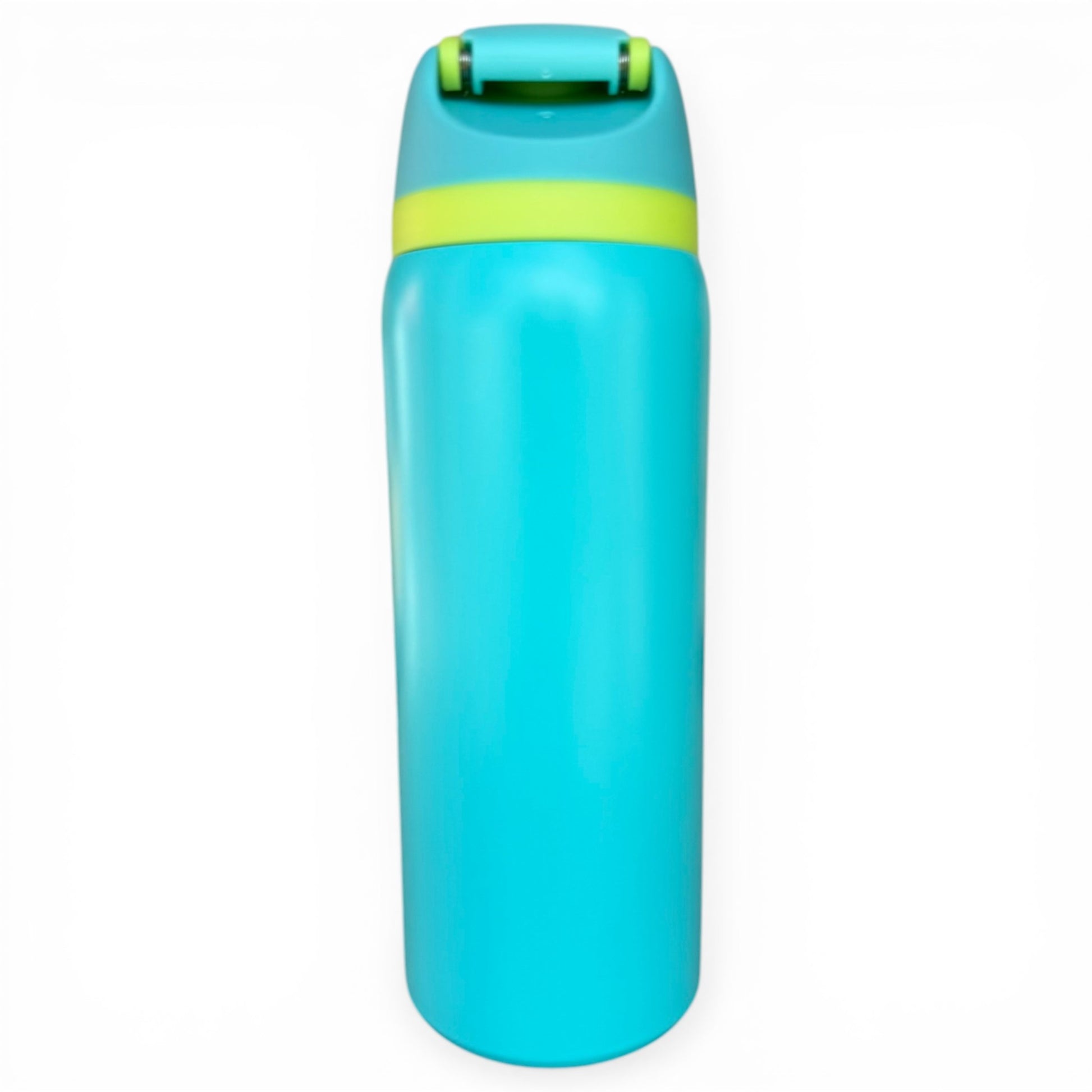 A 32oz Logie Joe’s Classic Hydration Bottle, insulated stainless steel and bright blue with a yellow accent near the flip straw lid and handle, stands upright against a white background.