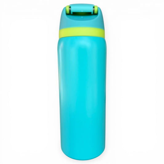 A 32oz Logie Joe’s Classic Hydration Bottle, insulated stainless steel and bright blue with a yellow accent near the flip straw lid and handle, stands upright against a white background.