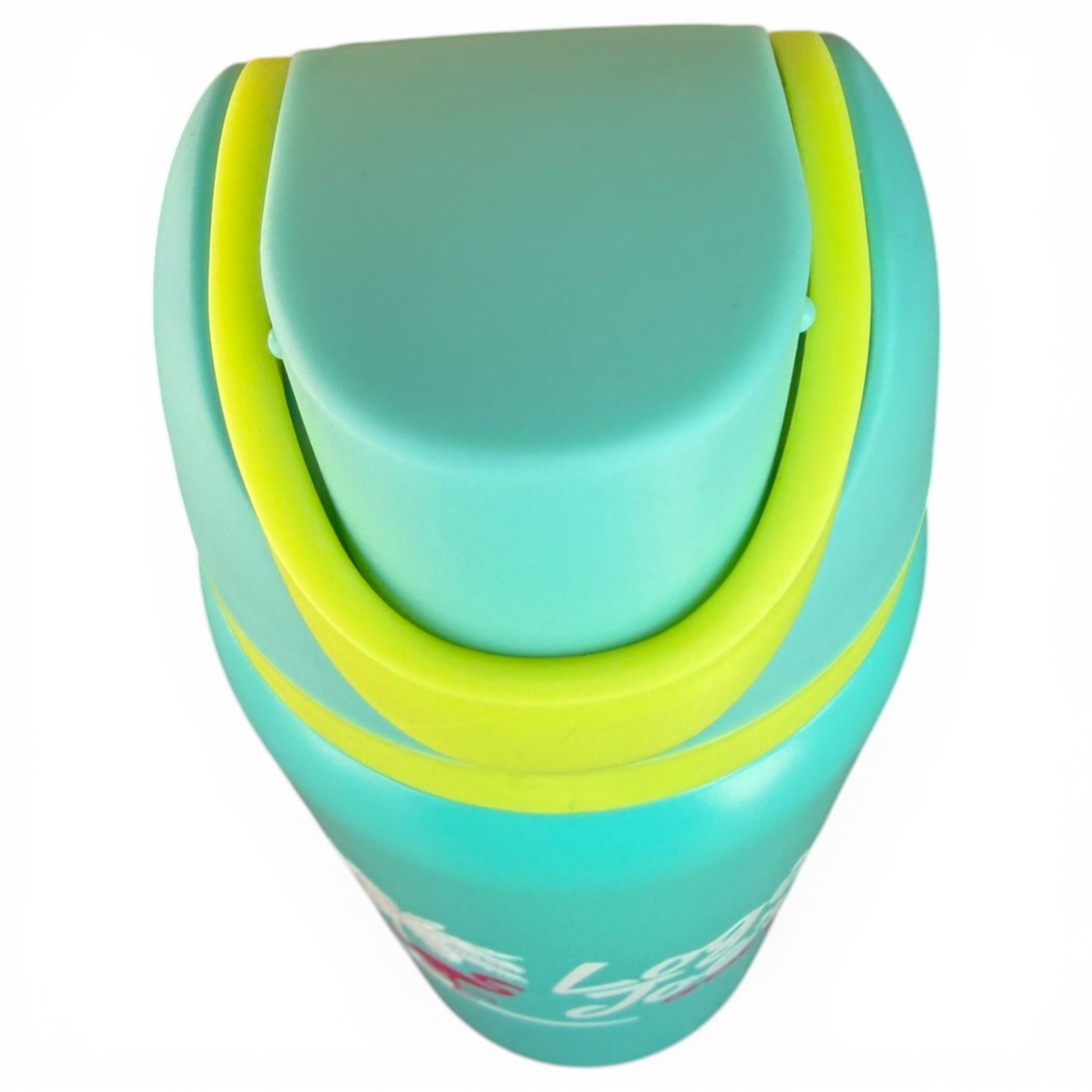 A close-up top view of the Logie Joe’s Classic 32oz Insulated Stainless Steel Hydration Bottle, featuring a turquoise body and yellow-accented flip straw lid with handle, photographed on a white background.
