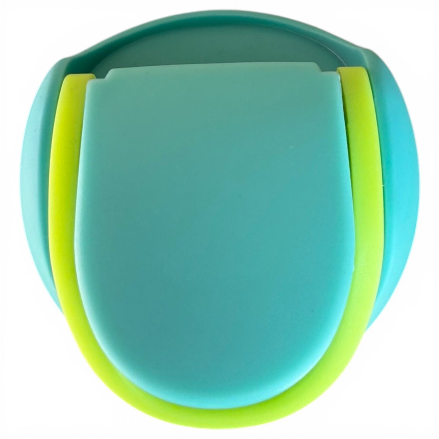 A teal and lime green silicone kitchen item, likely a collapsible bowl or strainer, is shown from above on white—featuring vibrant hues similar to those on the Logie Joe’s Classic 32oz Insulated Hydration Bottle with Flip Straw Lid and Handle.