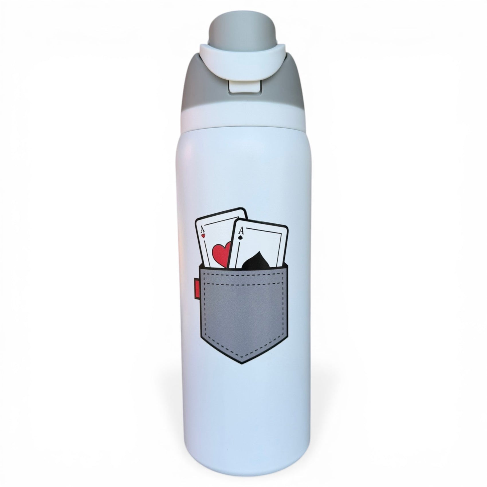 The Hydration Bottle – Pocket Aces is a 32oz white insulated stainless steel bottle with a gray flip straw lid, featuring an illustration of a pocket holding two playing cards (ace of hearts and ace of spades) on the front.