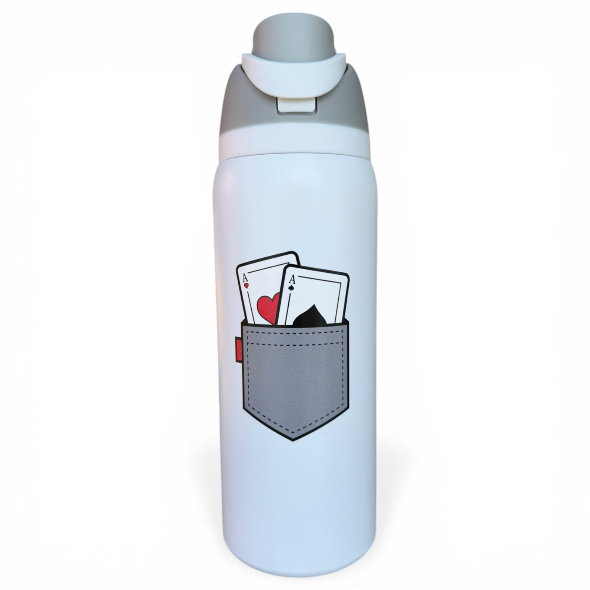The Hydration Bottle – Pocket Aces is a 32oz white insulated stainless steel bottle with a gray flip straw lid, featuring an illustration of a pocket holding two playing cards (ace of hearts and ace of spades) on the front.