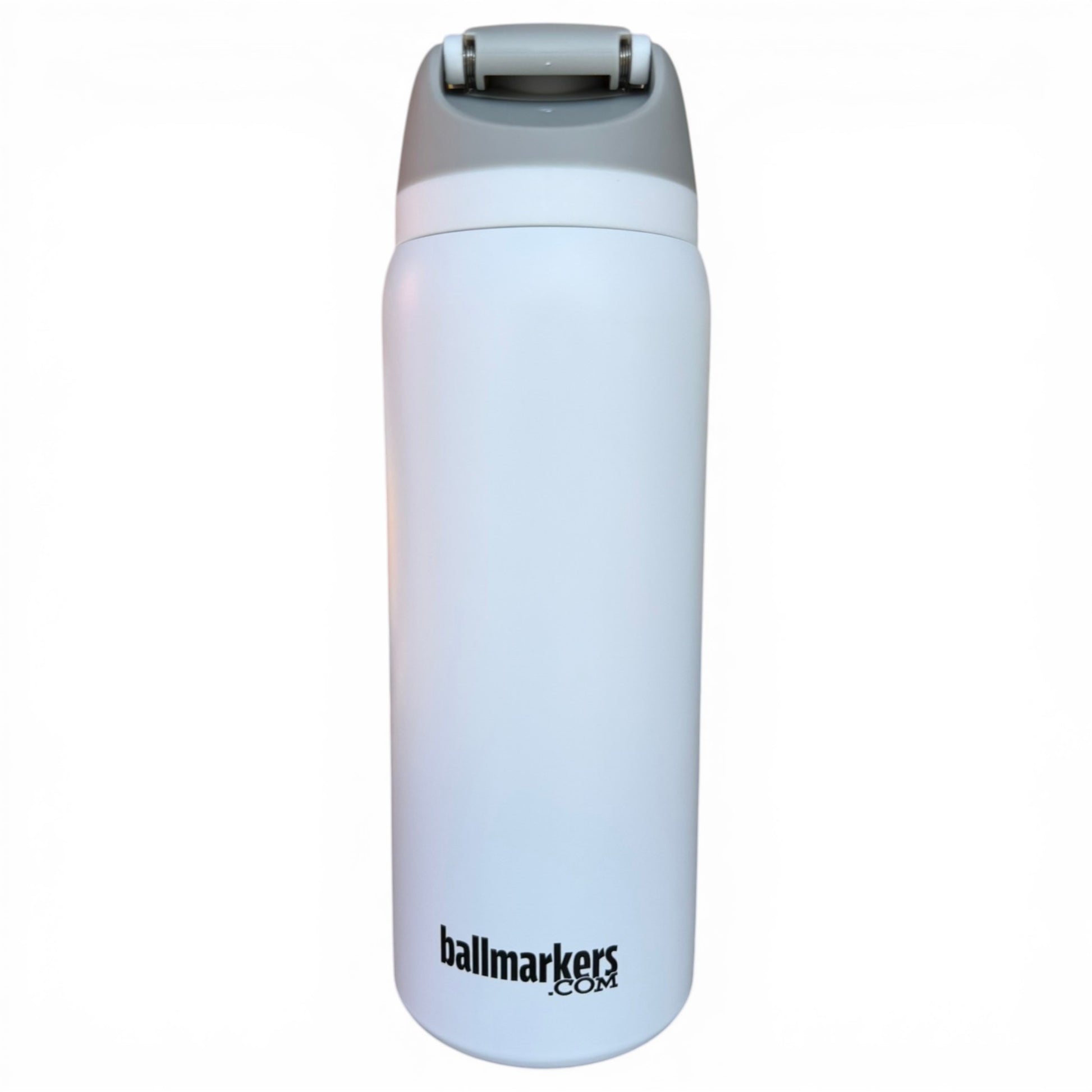 The Hydration Bottle – Pocket Aces (32oz insulated stainless steel) with a gray flip straw lid and handle features the ballmarkers.com logo in black near the base, shown against a plain white background.