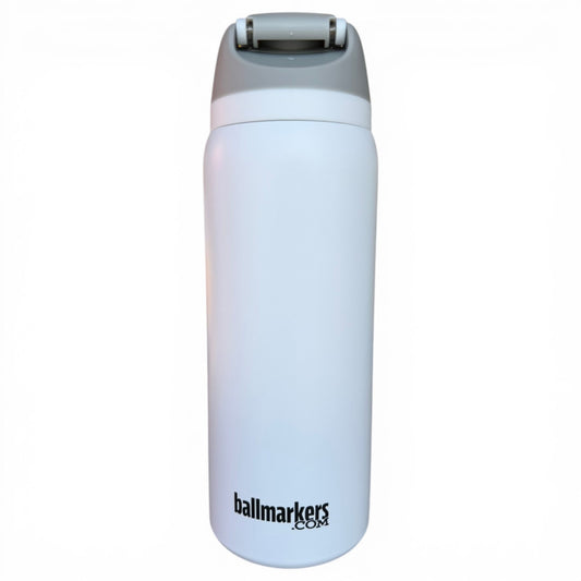 The Hydration Bottle – Pocket Aces (32oz insulated stainless steel) with a gray flip straw lid and handle features the ballmarkers.com logo in black near the base, shown against a plain white background.