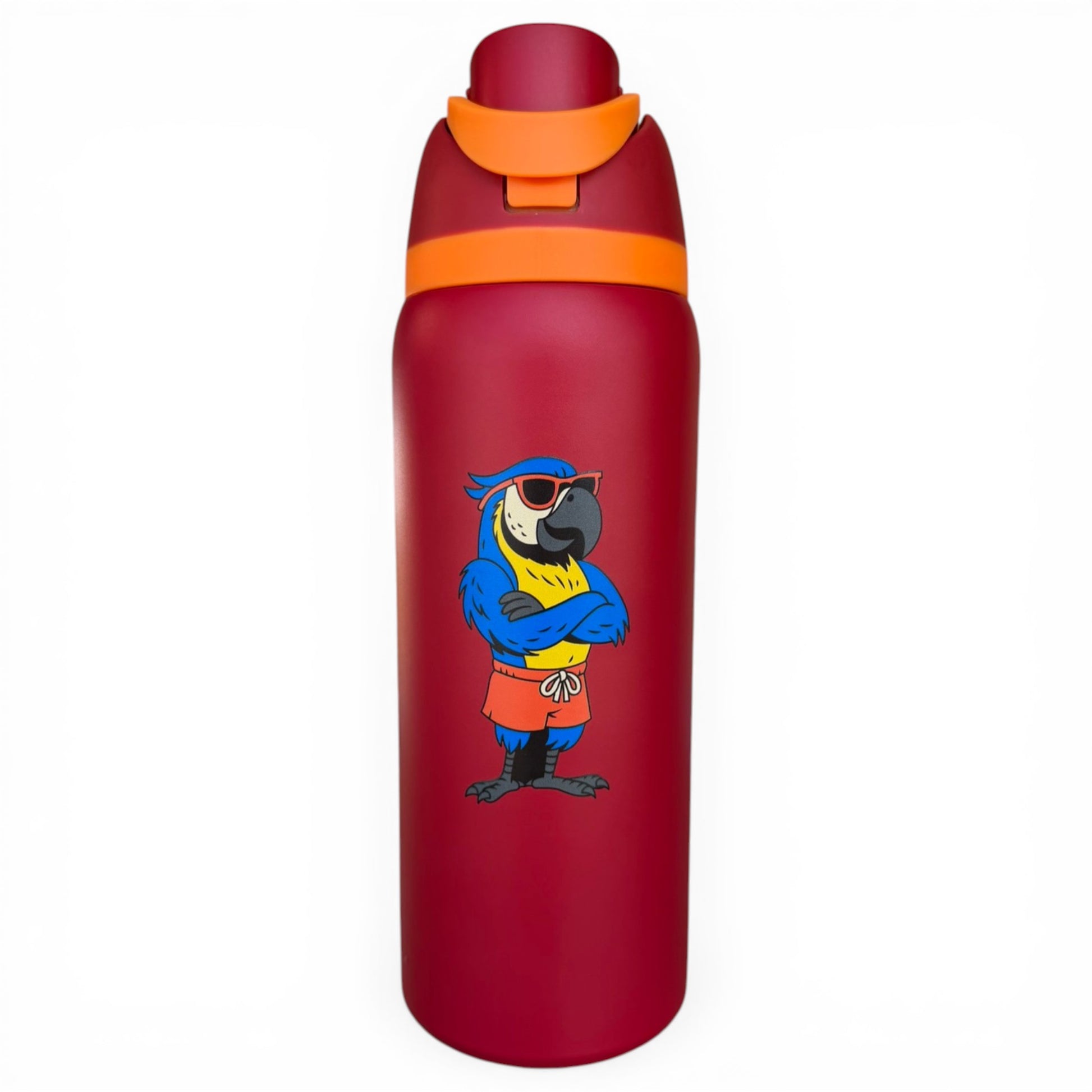 The Hydration Bottle – Parrot is a 32oz insulated stainless steel bottle with a flip straw lid and handle, featuring a cartoon parrot in sunglasses, headband, yellow shirt, and red shorts with crossed wings for style and cold retention.
