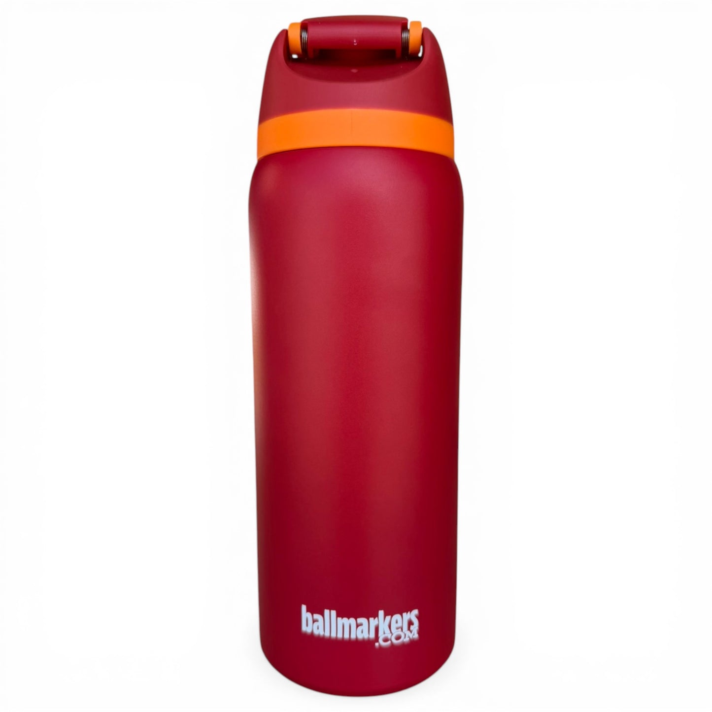 The Hydration Bottle – Parrot is a 32oz insulated stainless steel water bottle in red with an orange band near the lid, flip straw lid with handle, and “ballmarkers” printed in white—designed for superior cold retention.