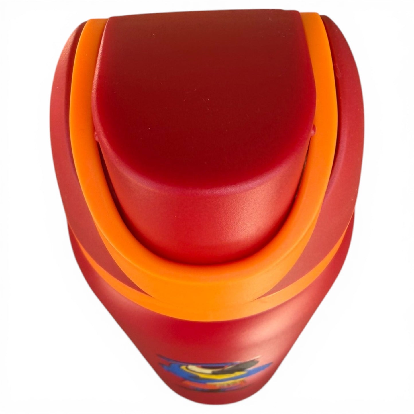 A close-up top view of the Hydration Bottle – Parrot, a 32oz insulated stainless steel bottle with an orange flip straw lid and a blue and yellow parrot design partially visible on the front.