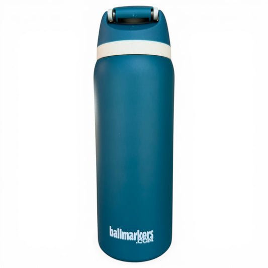 The Hydration Bottle – Tiki Bear is a 32oz blue insulated stainless steel bottle with a flip straw lid and handle, a white band near the top, and Tiki Bear and ballmarkers logos in white at the bottom, shown on a white background.