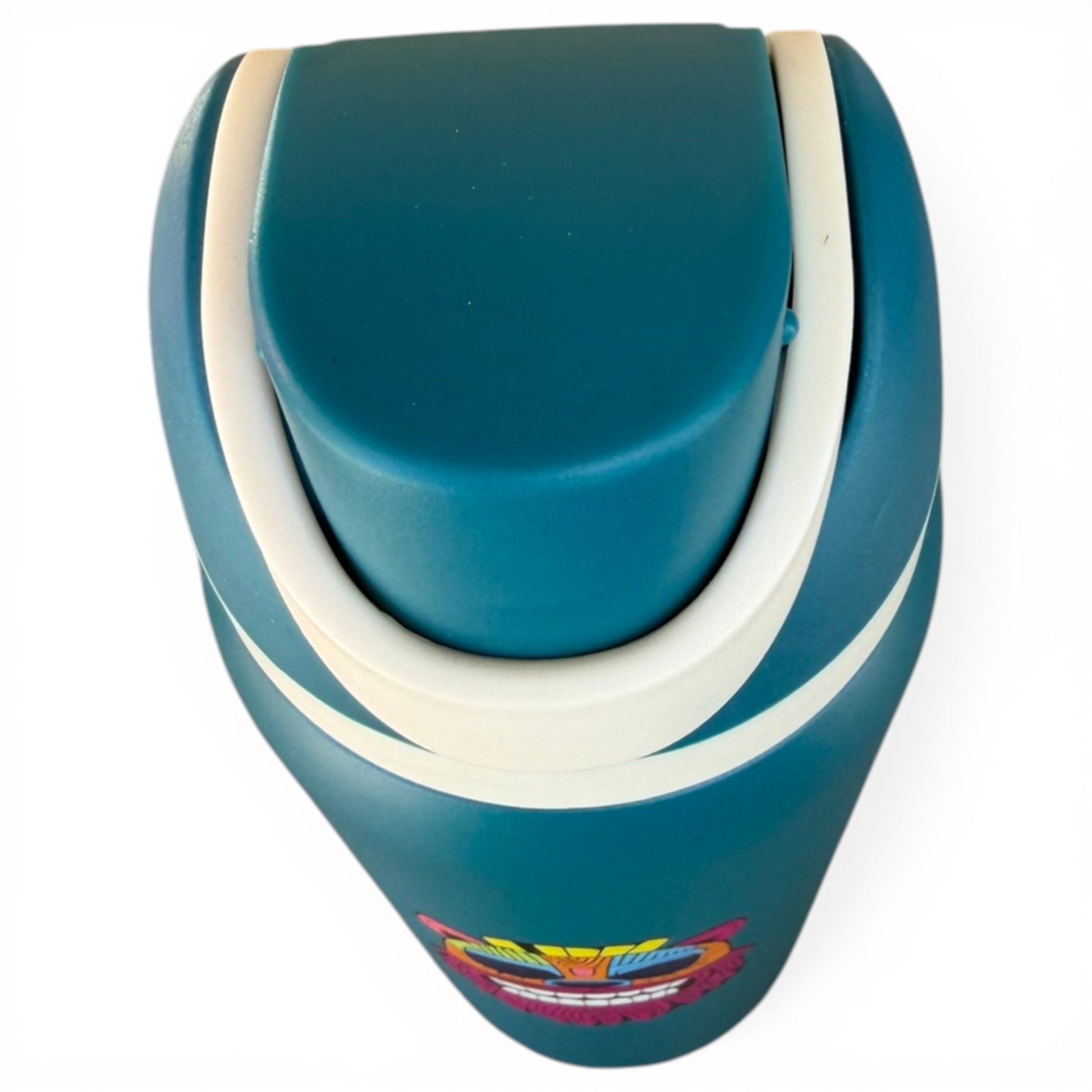 A Hydration Bottle – Tiki Bear (32oz insulated stainless steel) with a white flip straw lid and handle, seen from above. A vibrant Tiki Bear sticker decorates its teal surface against a plain white background.