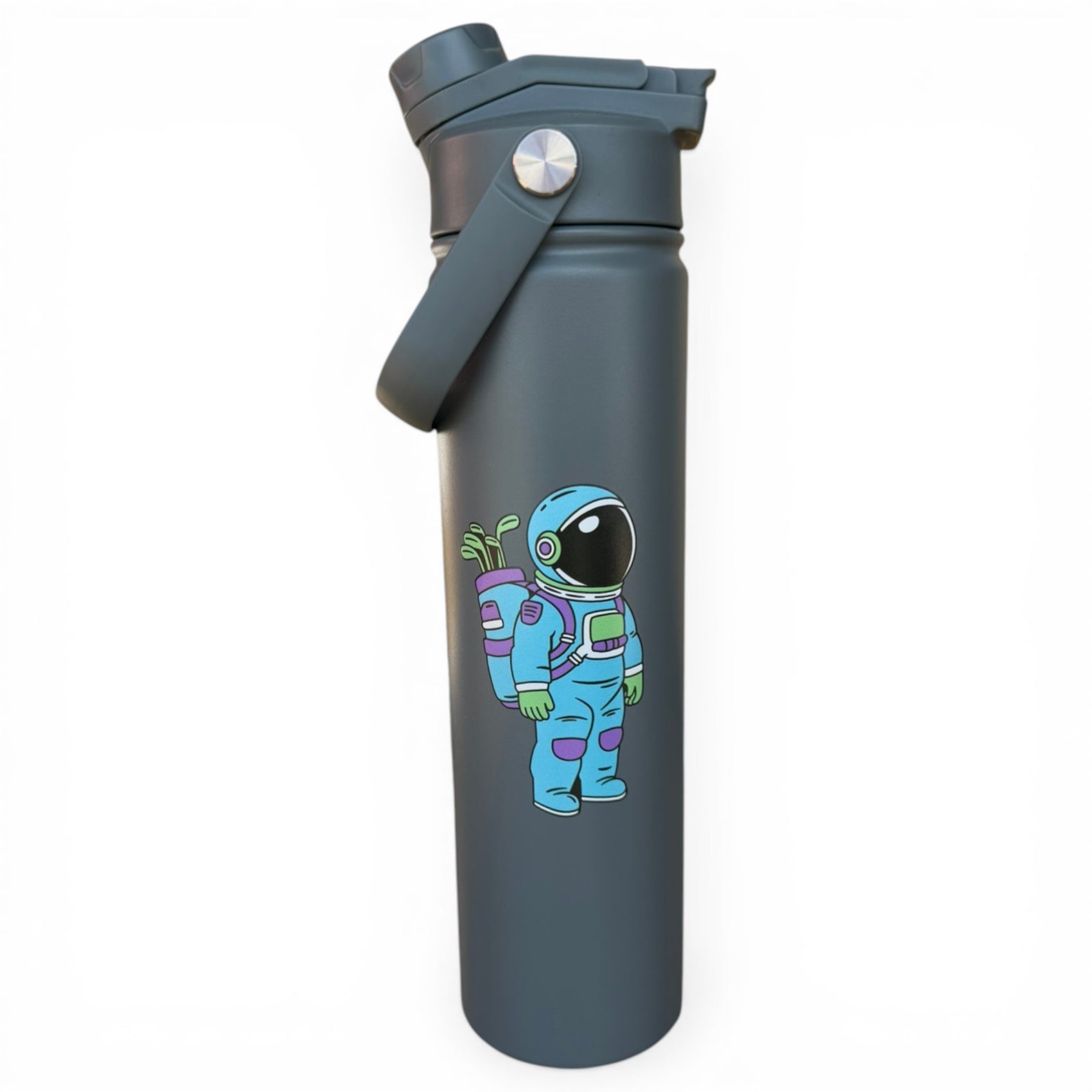 The Hydration Bottle – Astronaut Walker is a 32oz insulated stainless steel water bottle in dark gray, featuring a chug lid with carry handle and a colorful cartoon Astronaut Walker sticker with a pink and green backpack on the front.