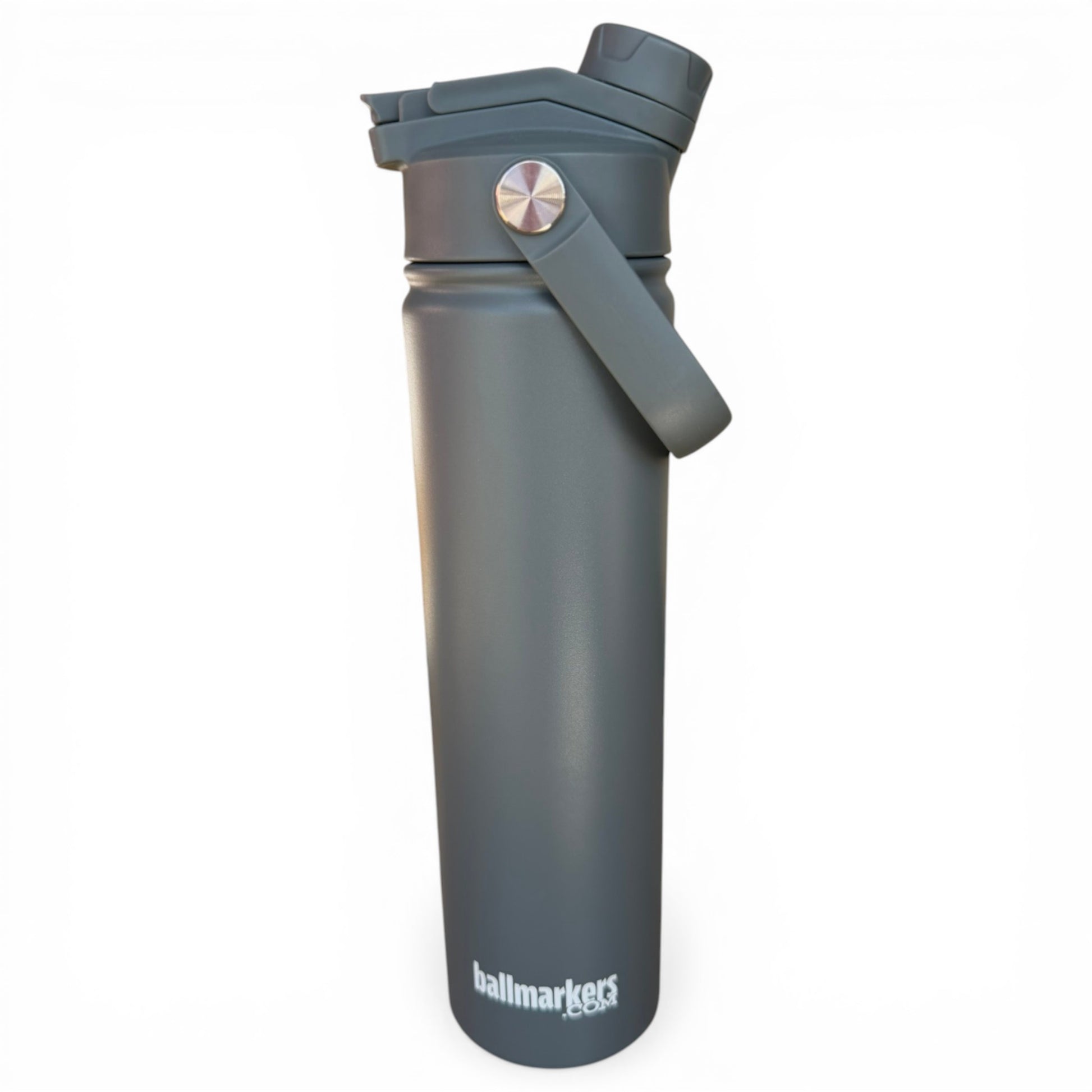The Hydration Bottle – Astronaut Walker is a 32oz insulated stainless steel bottle in matte gray, featuring a chug lid, carry handle, and the Astronaut Walker ballmarkers logo near the bottom, displayed on a plain white background.