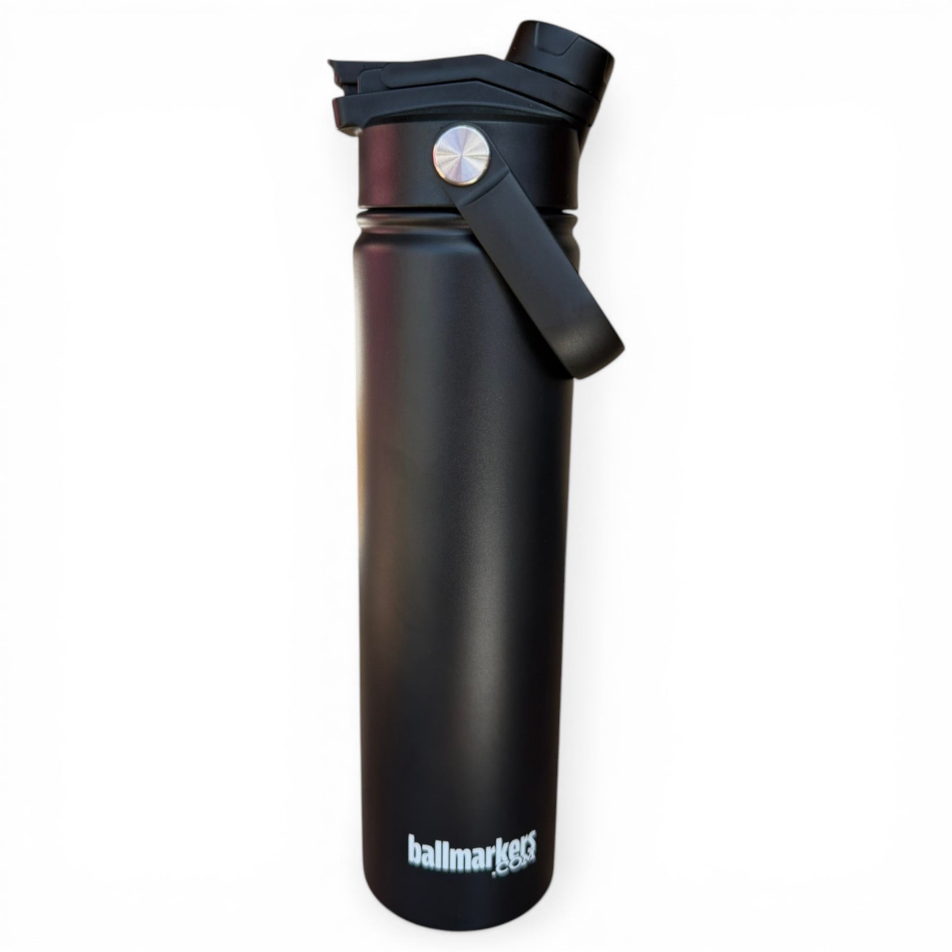 The Hydration Bottle – Alien Caddy is a tall, 32oz matte black insulated stainless steel bottle with a wide mouth chug lid, carry handle, and silver button. "Ballmarkers" is printed in white near the base.