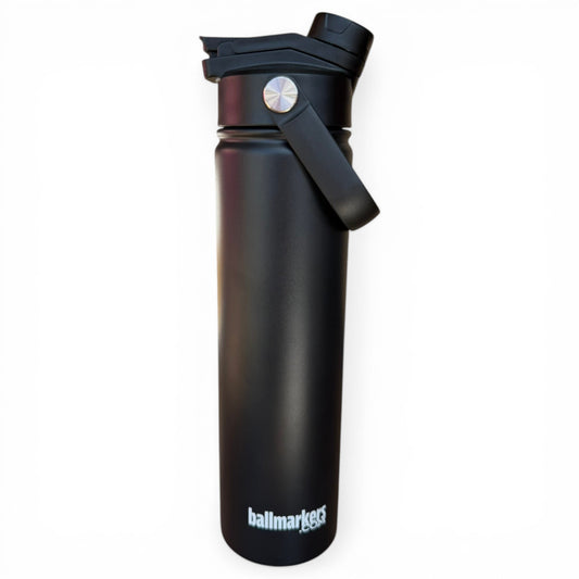 The Hydration Bottle – Alien Caddy is a tall, 32oz matte black insulated stainless steel bottle with a wide mouth chug lid, carry handle, and silver button. 
