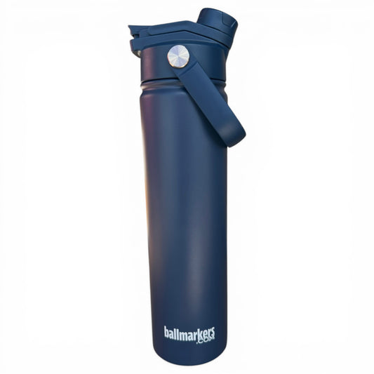 The Hydration Bottle – Dino Nugget is a 32oz navy insulated stainless steel bottle with a chug lid, carrying handle, and “ballmarkers” printed in white at the bottom—ideal for on-the-go hydration.