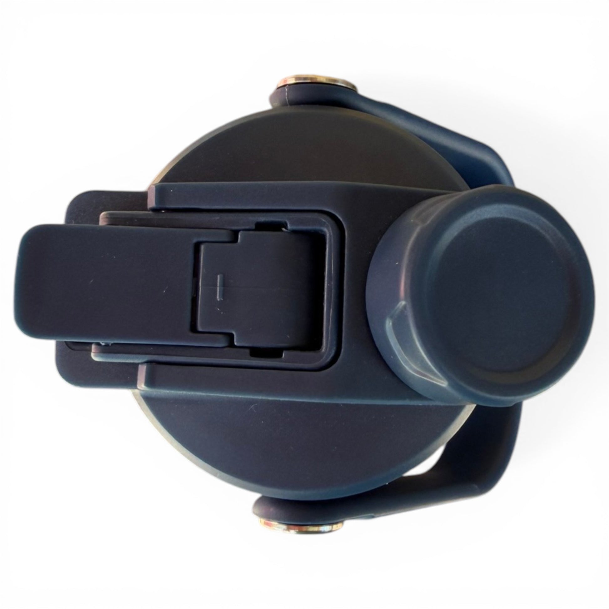 A top-down view of the Hydration Bottle – Dino Nugget’s dark, round 32oz insulated stainless steel chug lid with flip-top spout and carry handle, ideal for on-the-go hydration, shown on a white background.