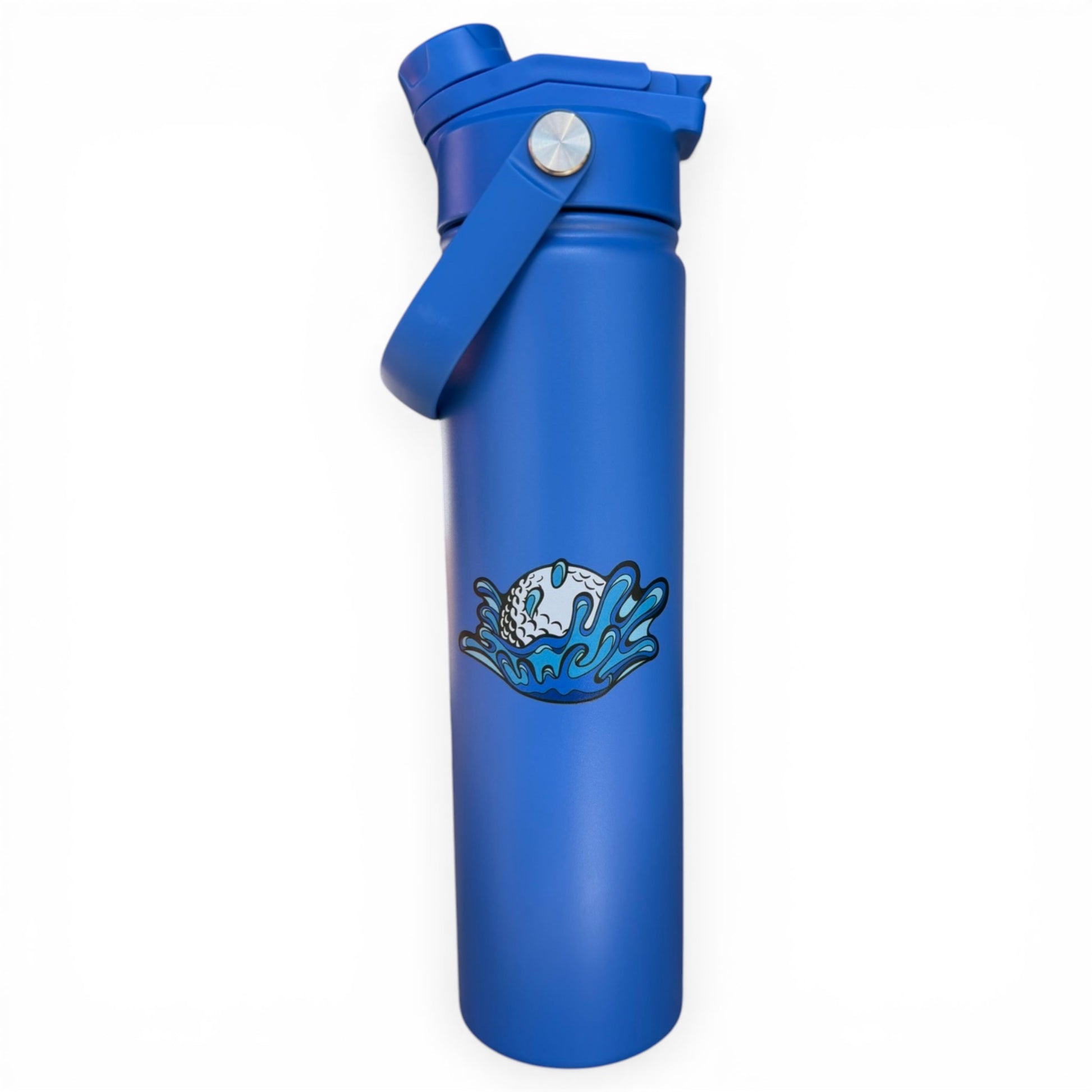 The 32oz Hydration Bottle – Water Ball is a blue insulated stainless steel water bottle with a wide mouth chug lid and carry handle. Its wave and globe design highlights your eco-friendly style, perfect for on-the-go hydration with an ocean theme.