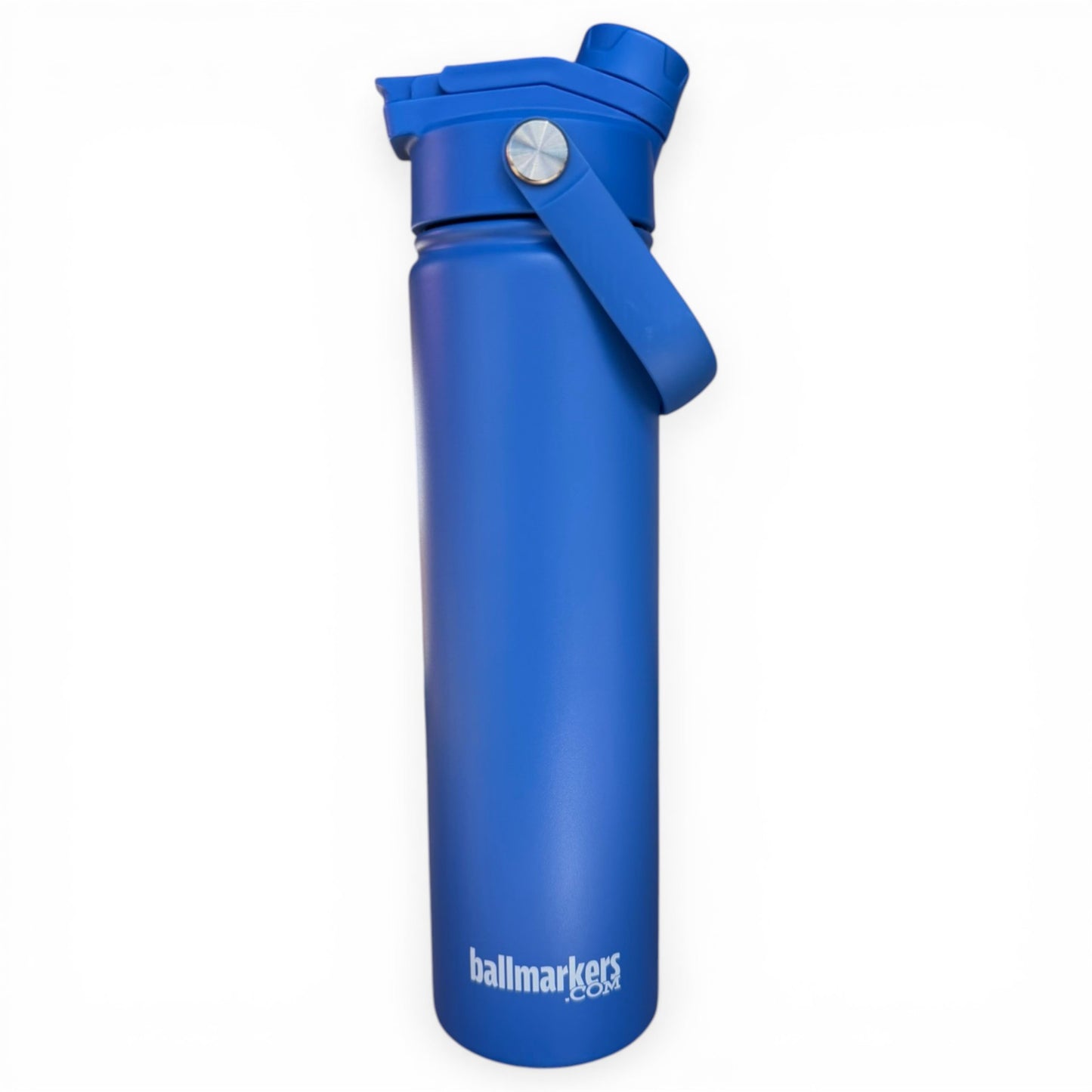 The Hydration Bottle – Water Ball is a 32oz blue insulated stainless steel bottle with a wide mouth chug lid and carry handle. Features the white ballmarkers logo at the bottom—perfect for hydration on the go.