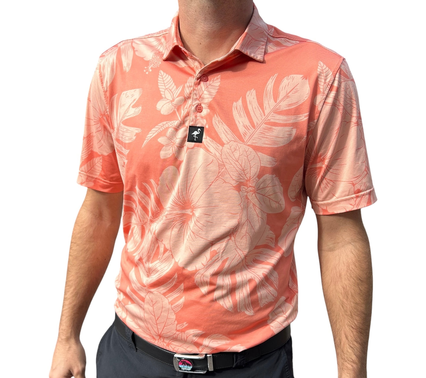 "Peach Floral Tropical Hawaiian" Polo 92% Polyester 8% Spandex Athletic Fit Ultimate Comfort & Performance