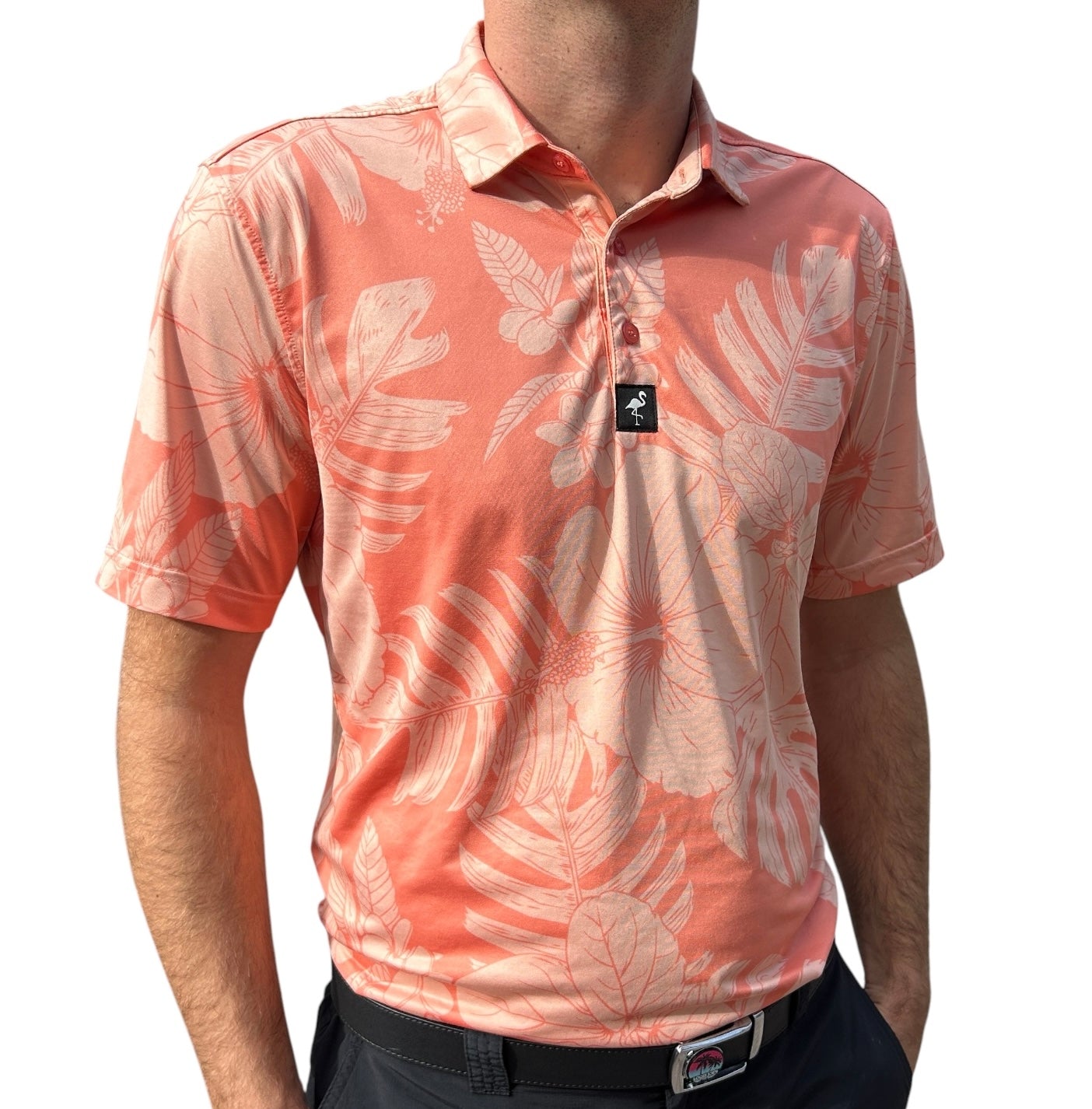 "Peach Floral Tropical Hawaiian" Polo 92% Polyester 8% Spandex Athletic Fit Ultimate Comfort & Performance