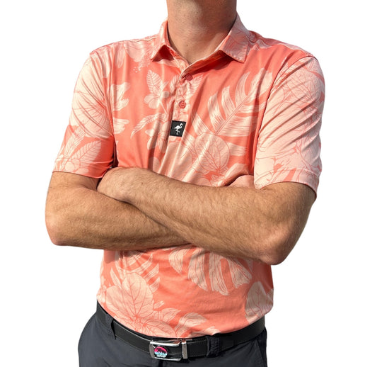 "Peach Floral Tropical Hawaiian" Polo 92% Polyester 8% Spandex Athletic Fit Ultimate Comfort & Performance