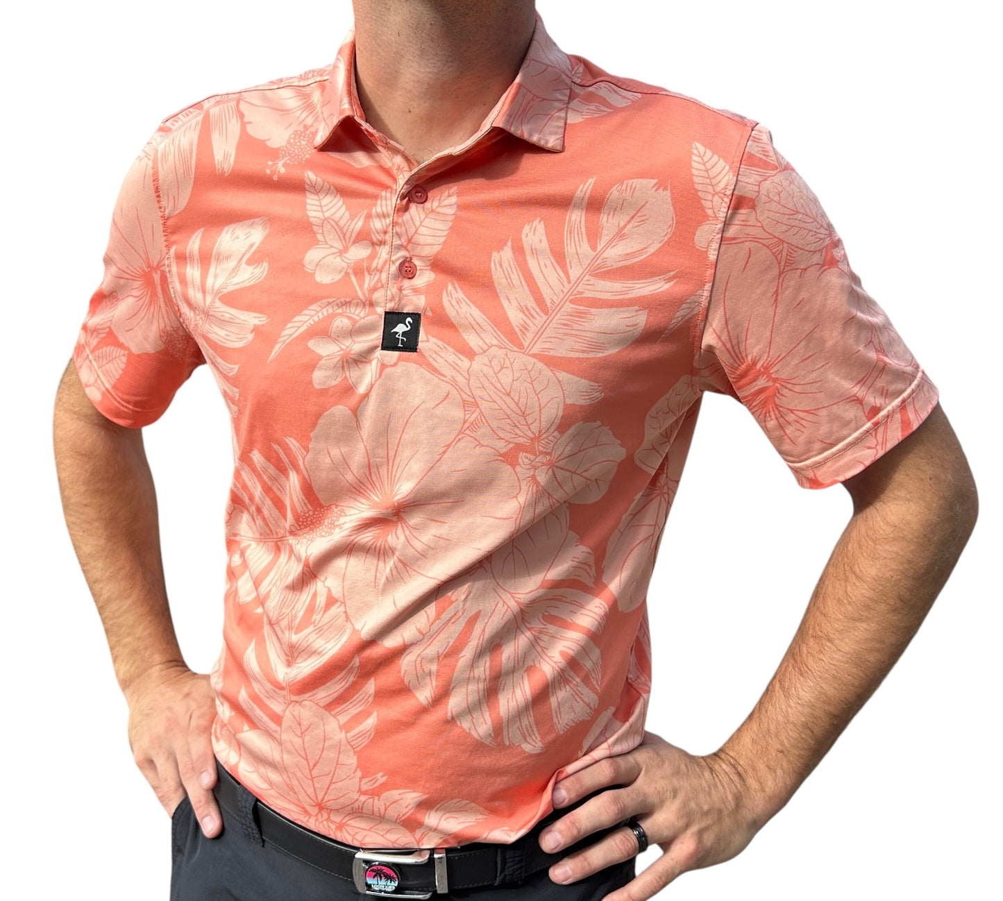 "Peach Floral Tropical Hawaiian" Polo 92% Polyester 8% Spandex Athletic Fit Ultimate Comfort & Performance