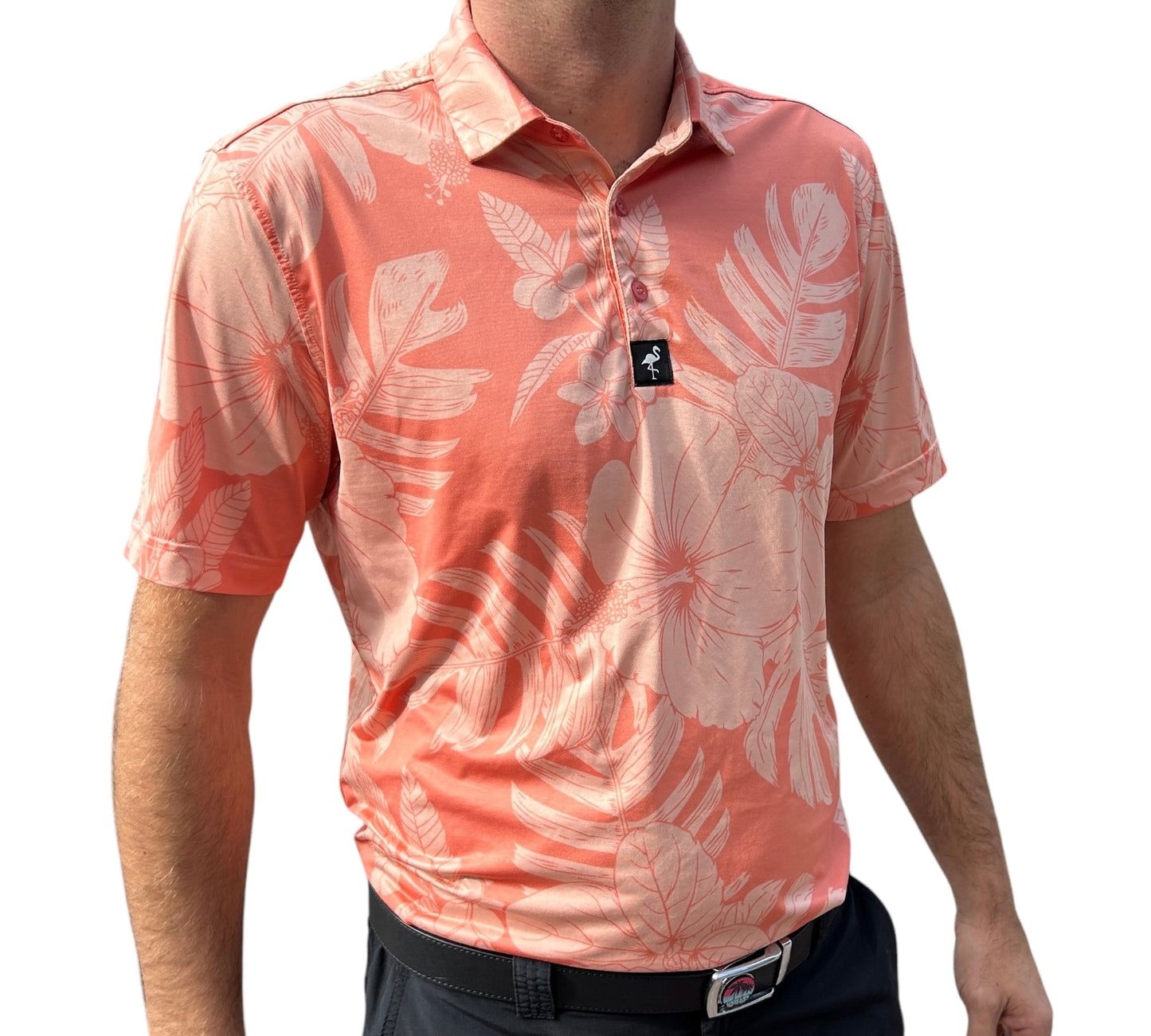 "Peach Floral Tropical Hawaiian" Polo 92% Polyester 8% Spandex Athletic Fit Ultimate Comfort & Performance