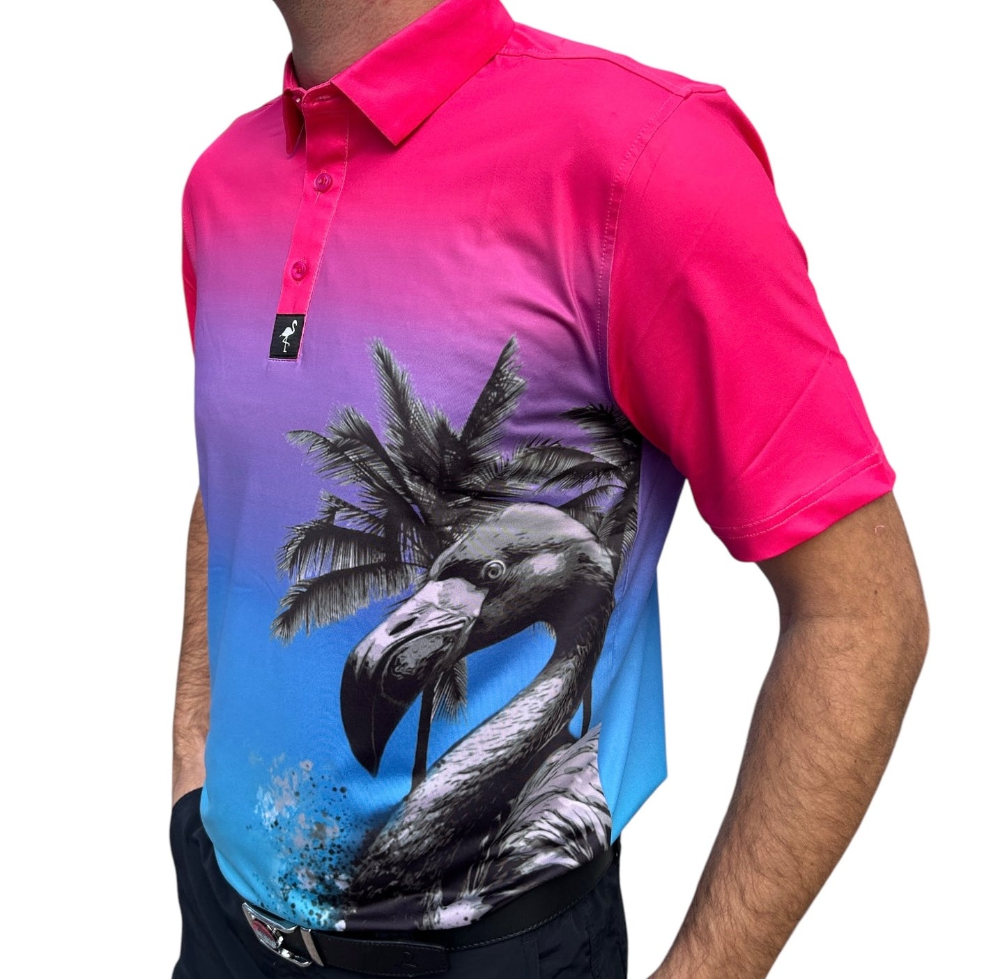 "Flamingo Ombré" Polo 92% Polyester 8% Spandex Athletic Fit Ultimate Comfort & Performance