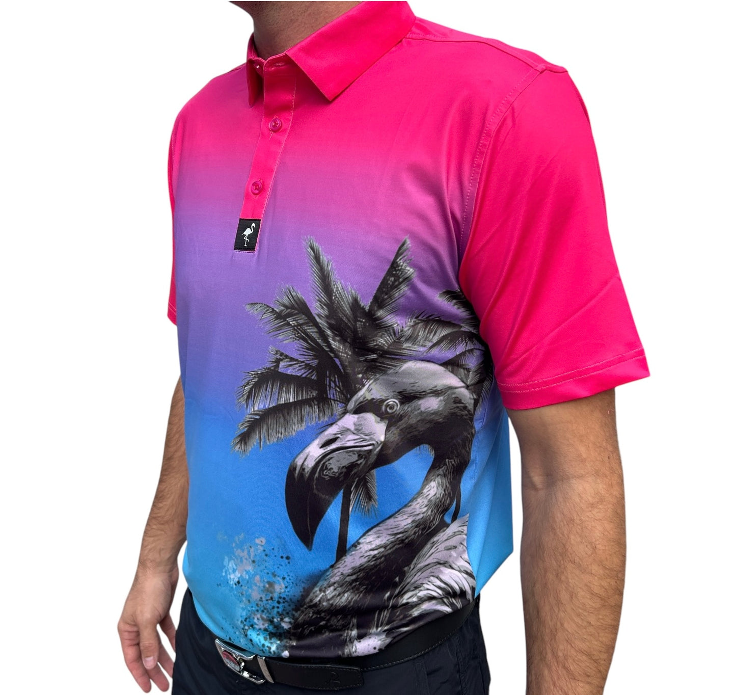 "Flamingo Ombré" Polo 92% Polyester 8% Spandex Athletic Fit Ultimate Comfort & Performance