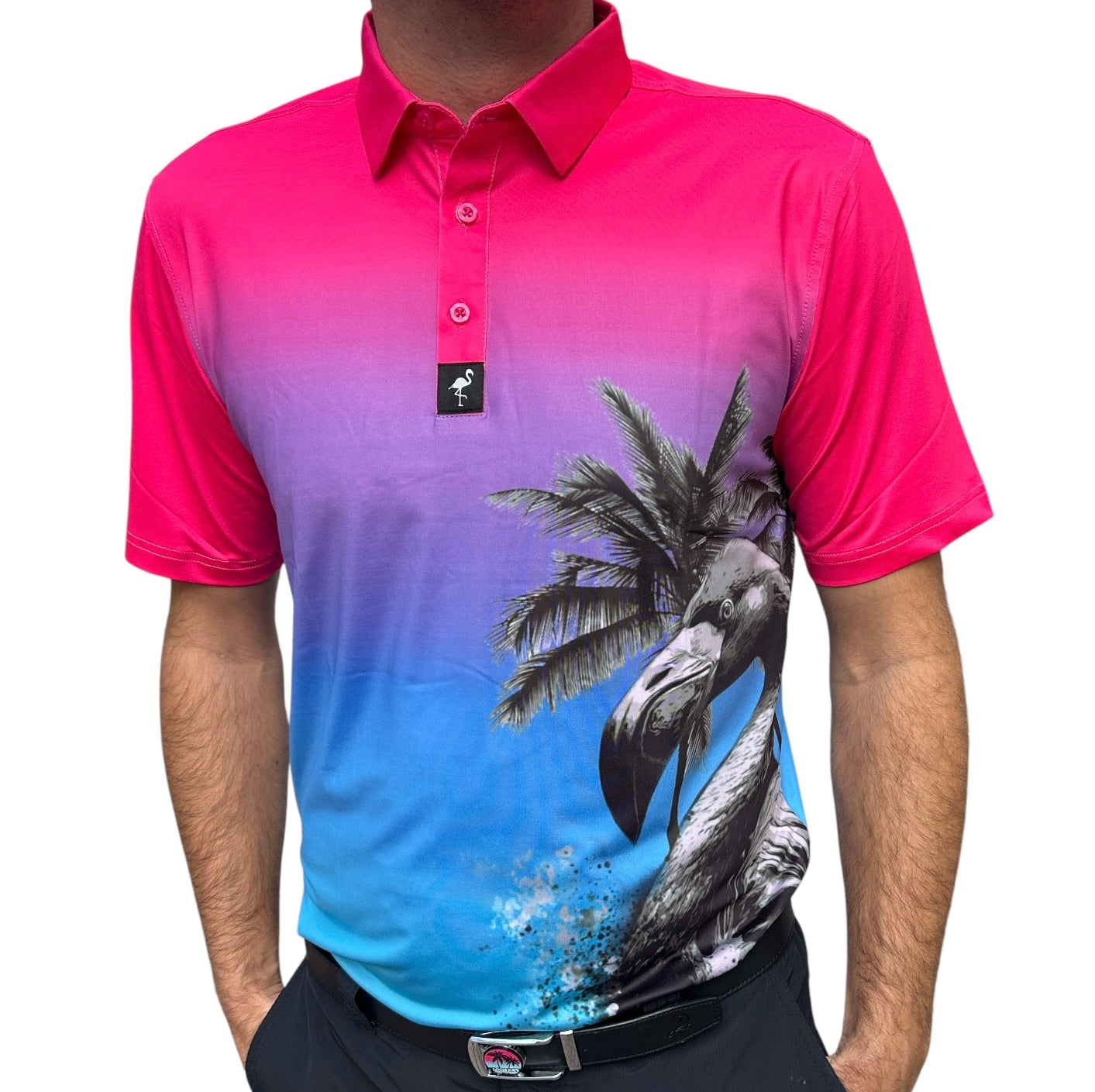 "Flamingo Ombré" Polo 92% Polyester 8% Spandex Athletic Fit Ultimate Comfort & Performance