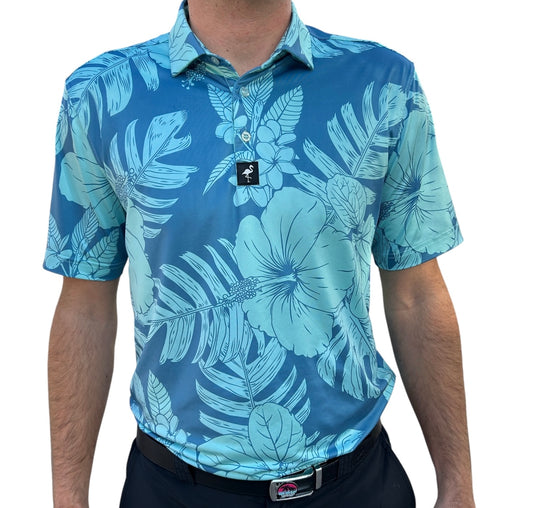 "Blue Floral Tropical Hawaiian" Polo 92% Polyester 8% Spandex Athletic Fit Ultimate Comfort & Performance