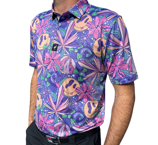 "Purple Haze Trippy Smile" Polo 92% Polyester 8% Spandex Athletic Fit Ultimate Comfort & Performance