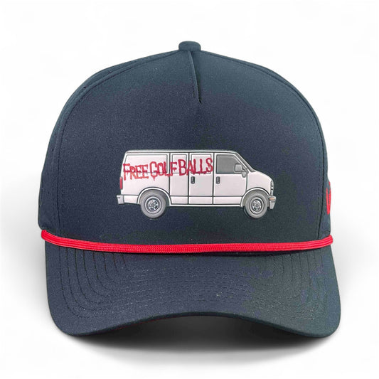 The Free Golf Balls Van Golf Hat is a black adjustable snapback with a built-in magnetic ball marker holder and marker included—ideal for golfers who want style and convenience on the course.