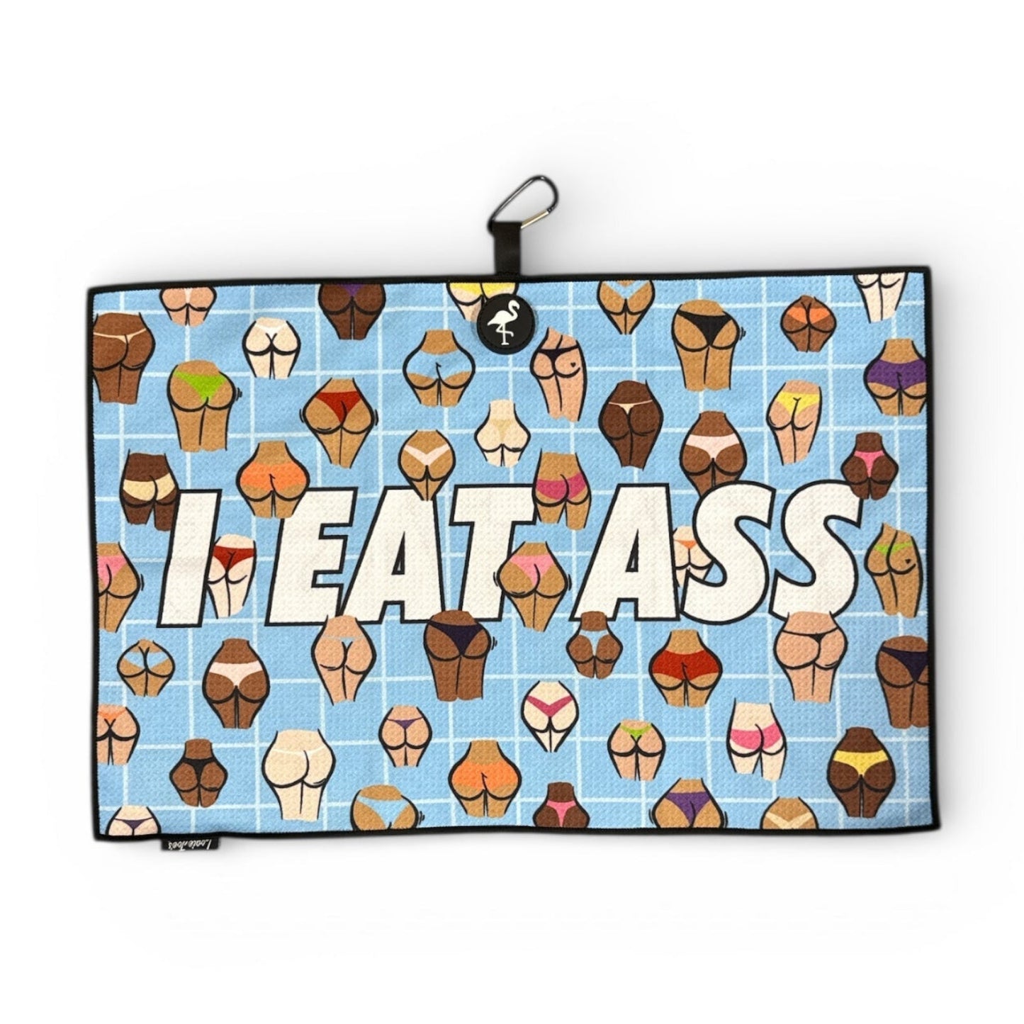 I Eat Ass Pool Party Golf Towel | Premium Double-Sided Microfiber | Heavy-Duty Magnetic Towel with Carabiner Clip | 24 x 16 in
