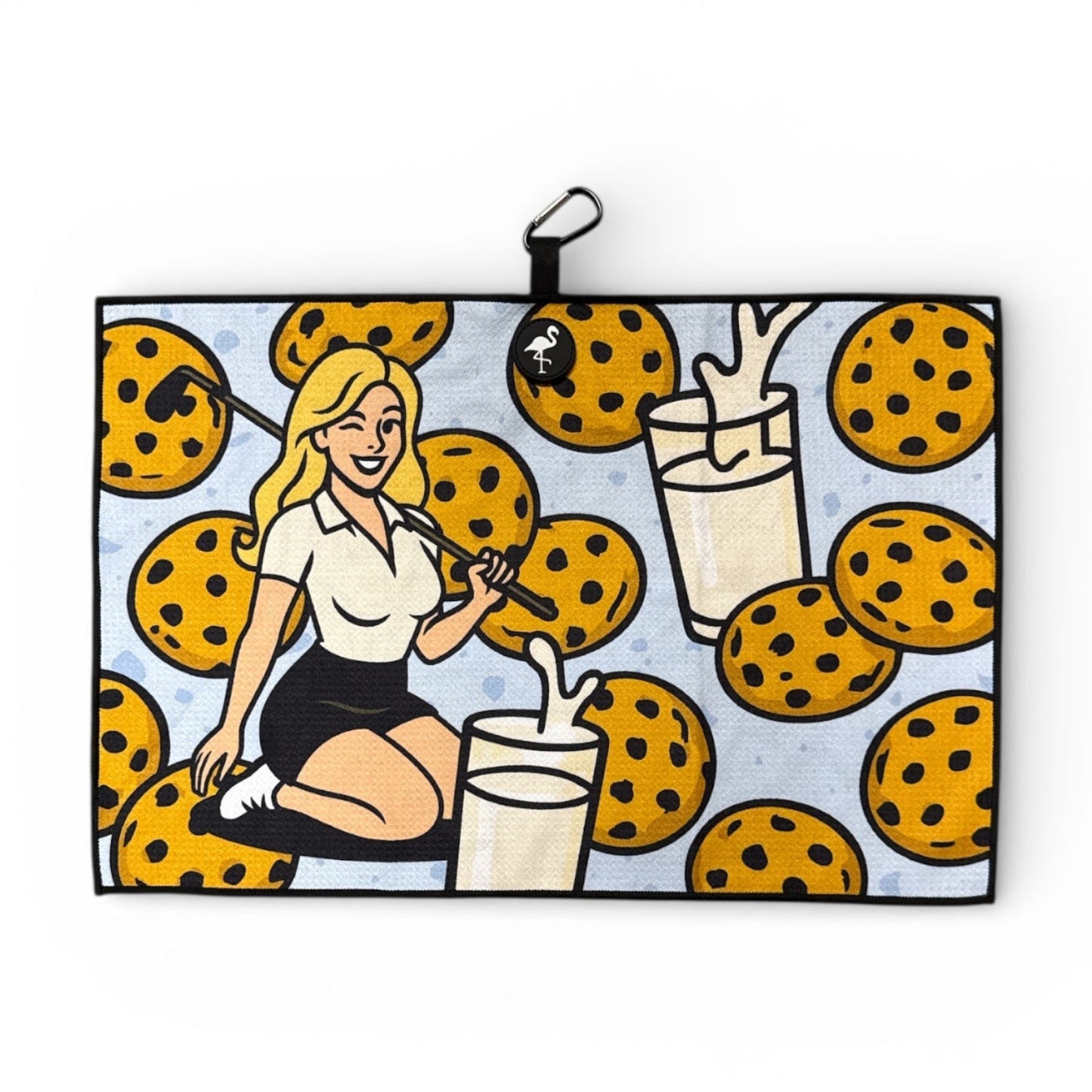 Milk & Cookies Golf Towel | Premium Double-Sided Microfiber | Heavy-Duty Magnetic Towel with Carabiner Clip | 24 x 16 in | Cart Girl