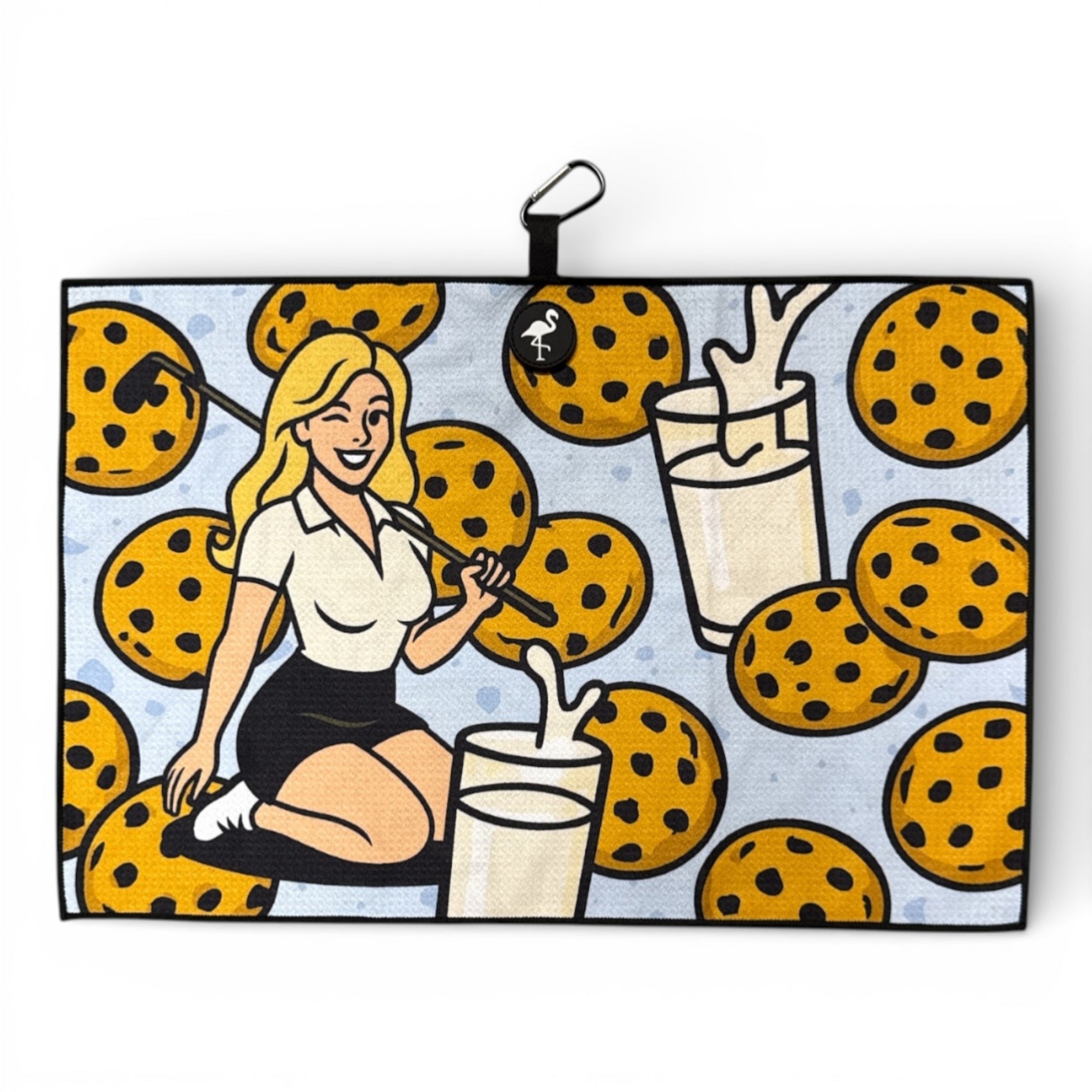 A smiling cartoon woman dips a cookie in milk, surrounded by cookies on a blue background—featured on the Cart Girl Milk & Cookies Golf Towel, a 24x16" premium double-sided microfiber towel with magnetic backing and carabiner clip.
