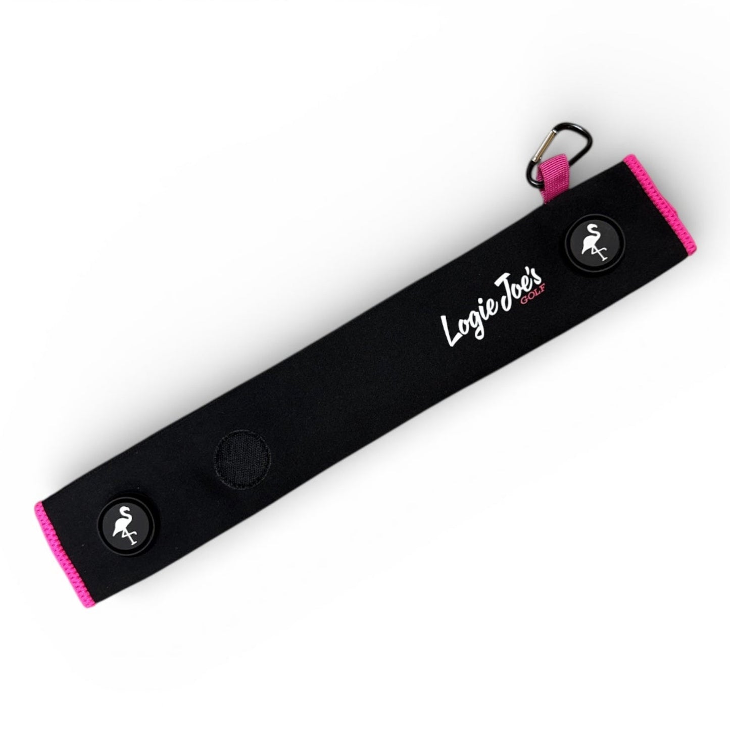 Black/Pink Magnetic Golf Cart Strap Sleeve | Neoprene Rubber | Dual Accessory Magnets | Glove Holder with Velcro | Carabiner Bag Attachment | 18.5 x 3.5 in