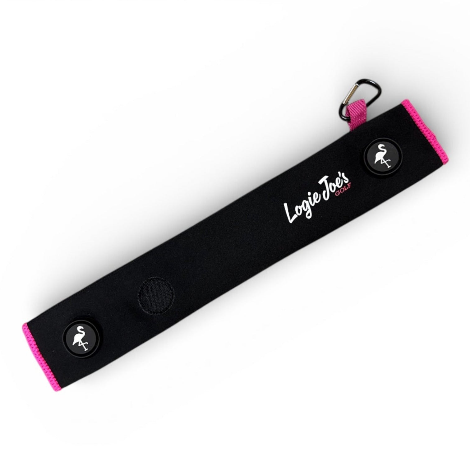 Black/Pink Magnetic Golf Cart Strap Sleeve | Neoprene Rubber | Dual Accessory Magnets | Glove Holder with Velcro | Carabiner Bag Attachment | 18.5 x 3.5 in