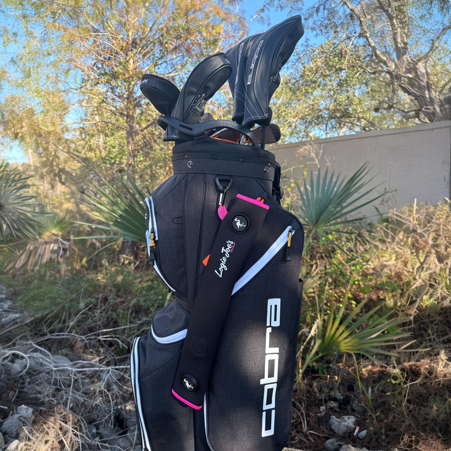 Black/Pink Magnetic Golf Cart Strap Sleeve | Neoprene Rubber | Dual Accessory Magnets | Glove Holder with Velcro | Carabiner Bag Attachment | 18.5 x 3.5 in