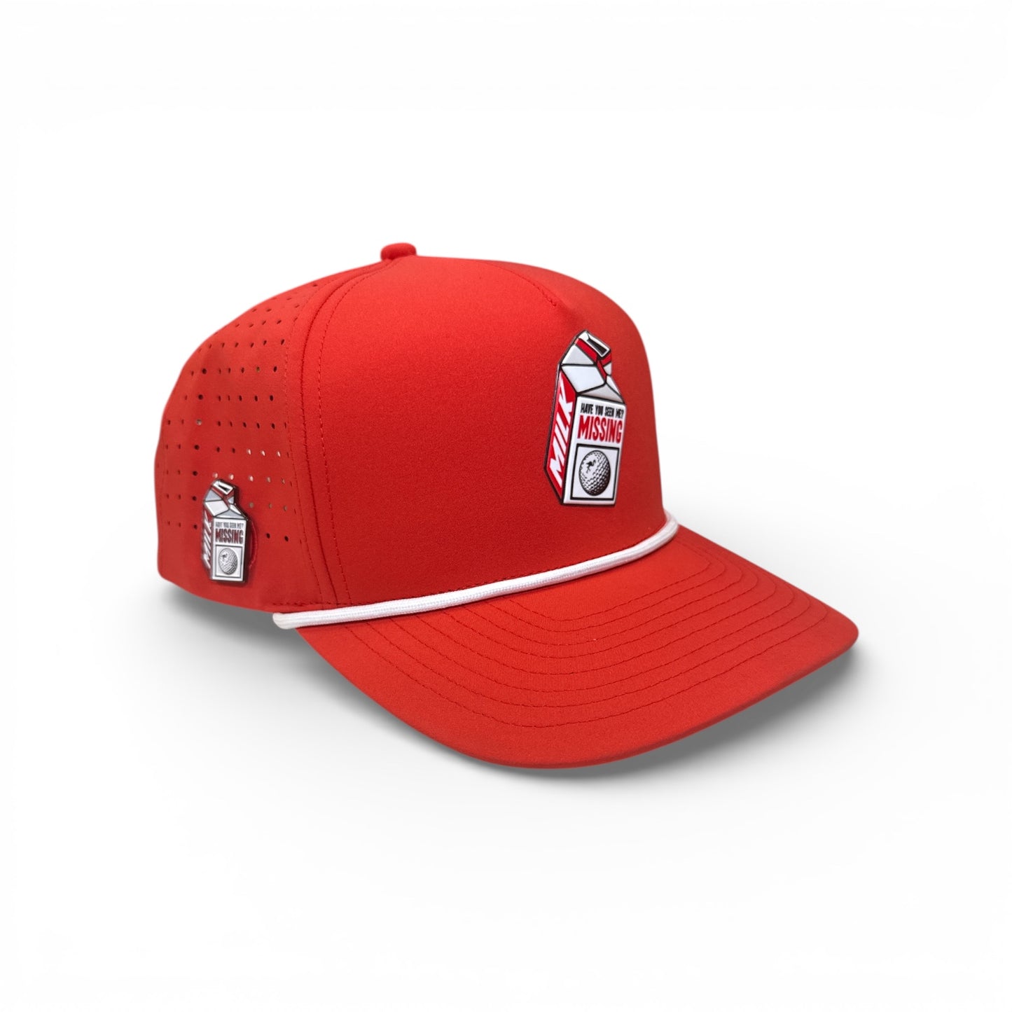 Missing Milk Golf Hat | Snapback Cap | Built-in Magnetic Ball Marker Holder + Marker Included | Missing Golf Ball | Adjustable Red