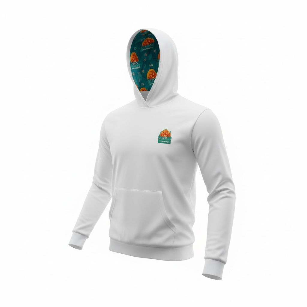 The Dumpster Fire Performance Hoodie is a white, unisex golf hoodie with moisture-wicking stretch fabric, featuring a colorful pizza pattern inside the hood and a small pizza graphic on the left chest, shown on an invisible mannequin against a white background.