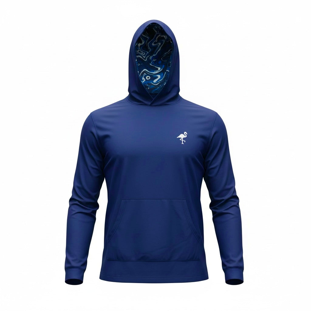 The Deep Current Performance Hoodie is a unisex, blue long-sleeve golf hoodie with a front pocket, white flamingo logo on the chest, and an abstract blue and white hood lining. Made from lightweight, moisture-wicking stretch fabric. Displayed on a faceless mannequin.