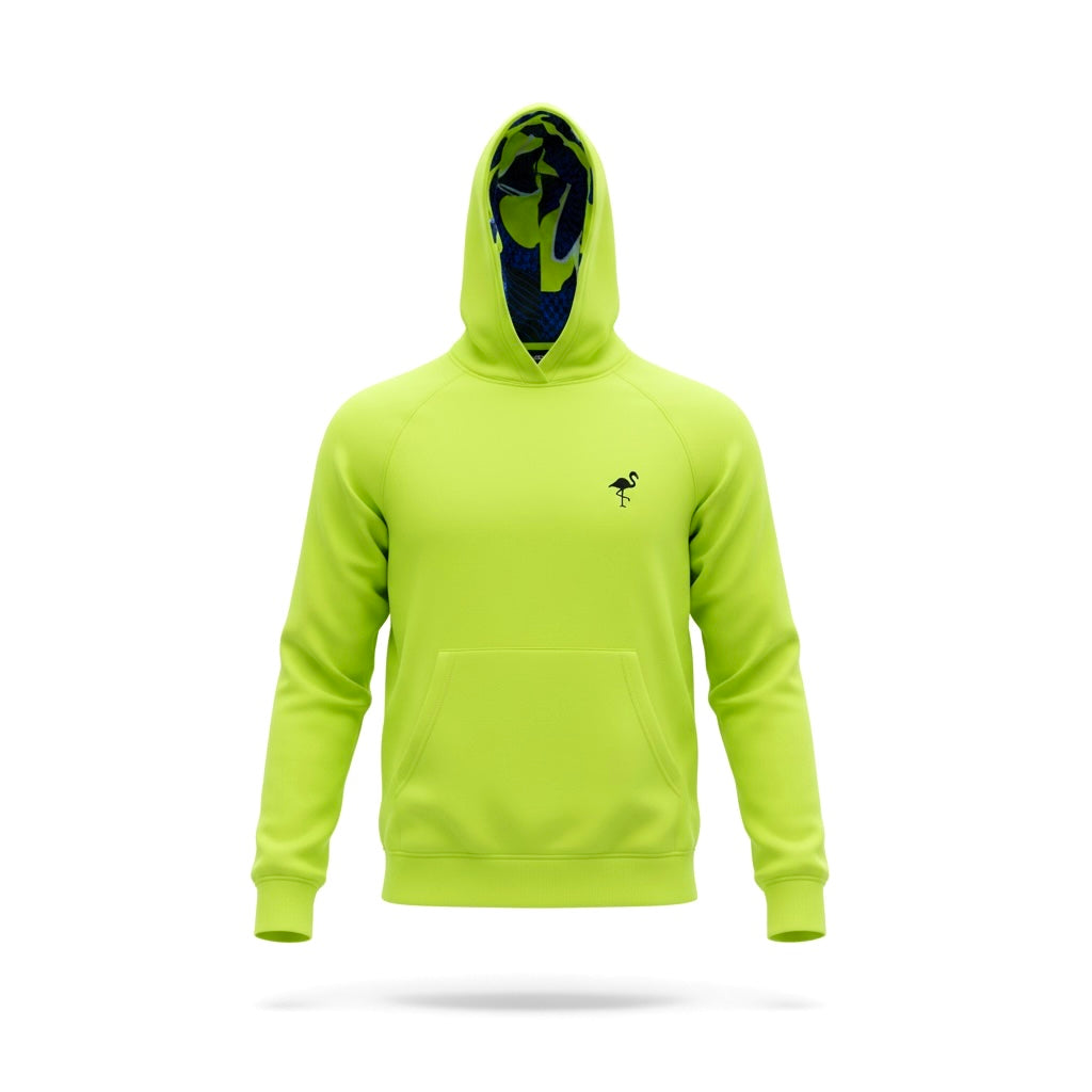 The Neon Current Performance Hoodie is a neon green, unisex, moisture-wicking golf hoodie with a front pocket, small black flamingo logo on the left chest, and a camo-lined hood. Lightweight stretch fabric. Displayed on a plain white background.