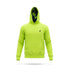 The Neon Current Performance Hoodie is a neon green, unisex, moisture-wicking golf hoodie with a front pocket, small black flamingo logo on the left chest, and a camo-lined hood. Lightweight stretch fabric. Displayed on a plain white background.