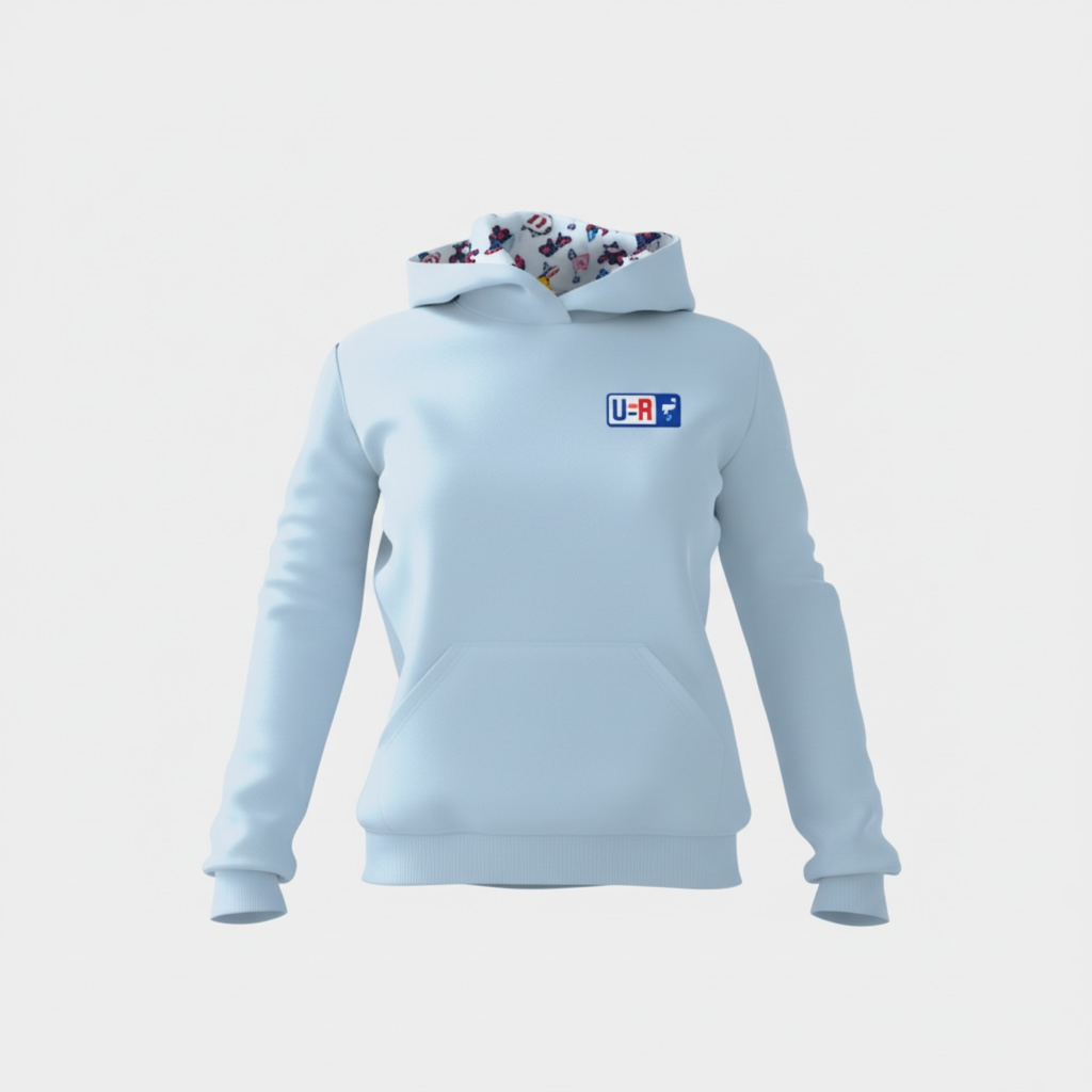 Light blue Team USA Performance Hoodie with a front pocket and small rectangular USA patch on the left chest. Features a white hood lining with blue and red graphics. Made from moisture-wicking stretch fabric. Unisex, true to size, plain white background.